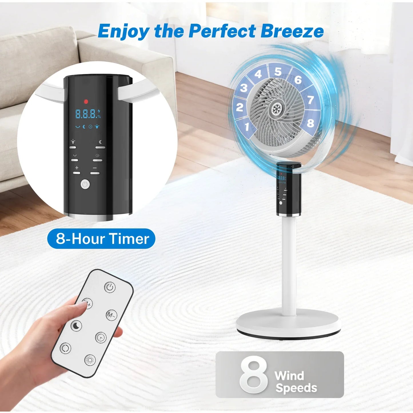Rechargeable Pedestal Fan with 6000mAh Battery, USB-C Charging, 8-Speed Settings, LED Display, and Remote Control