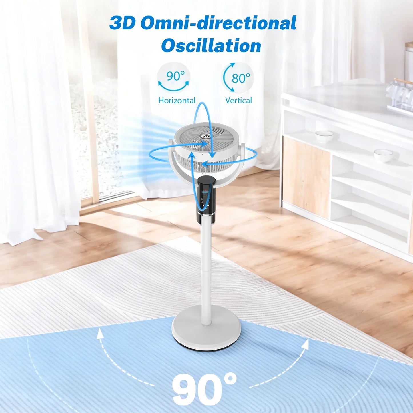 Rechargeable Pedestal Fan with 6000mAh Battery, USB-C Charging, 8-Speed Settings, LED Display, and Remote Control