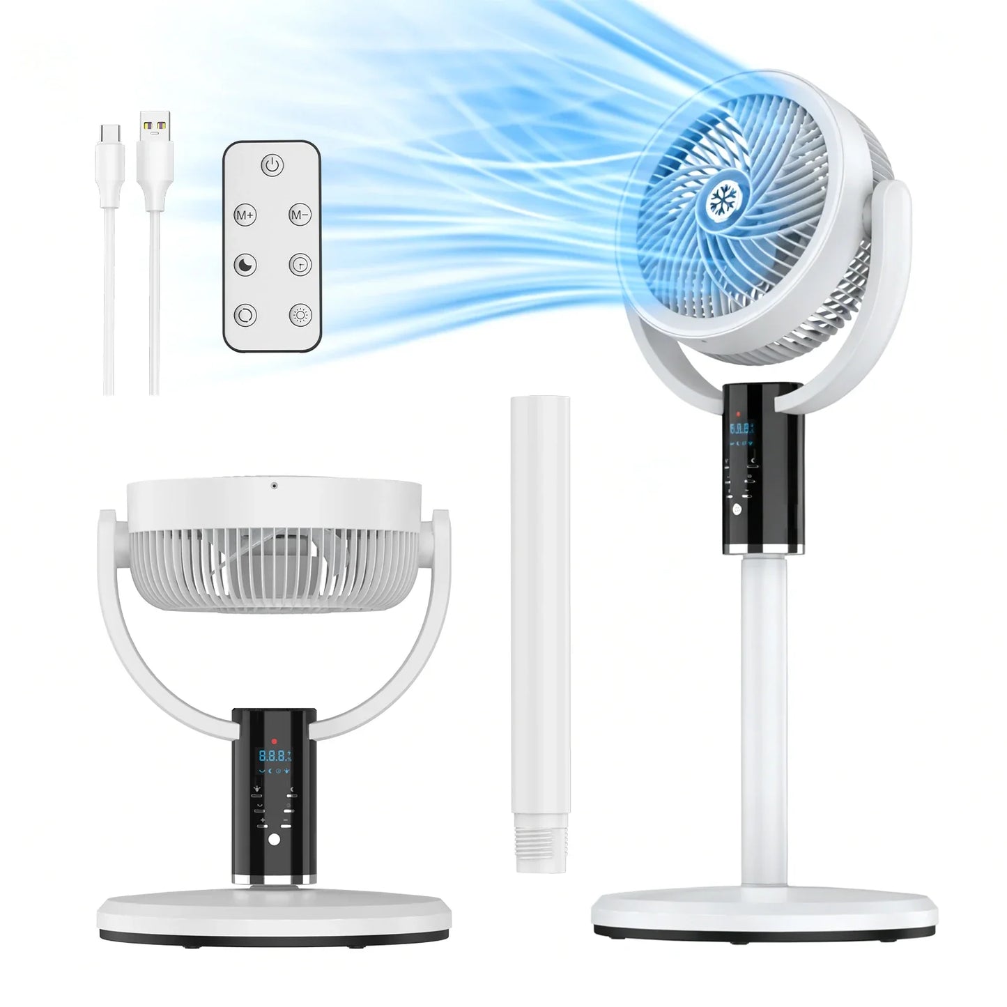Rechargeable Pedestal Fan with 6000mAh Battery, USB-C Charging, 8-Speed Settings, LED Display, and Remote Control