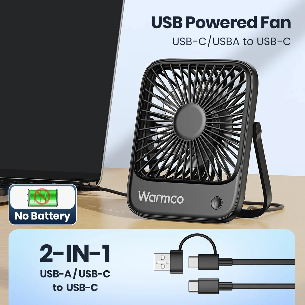 Compact USB Desk Fan - USB-C Powered, 3-Speed Settings, 180° Tilt, Ultra-Quiet Office Fan