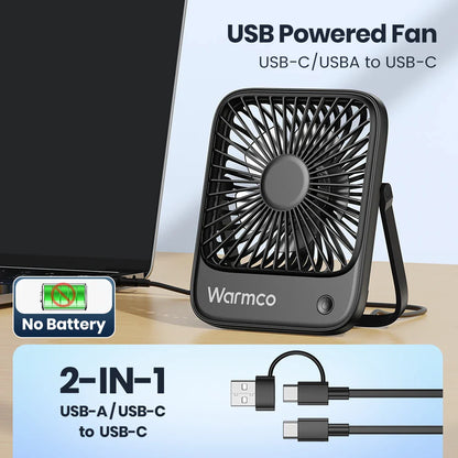 Compact USB Desk Fan - USB-C Powered, 3-Speed Settings, 180° Tilt, Ultra-Quiet Office Fan