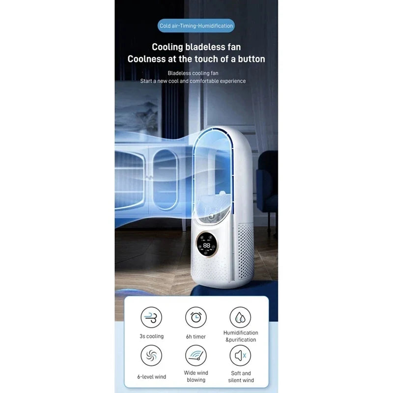 Bladeless Portable Air Cooler Fan – USB Powered, 6 Speeds, Quiet Timer, Humidifier for Personal Cooling