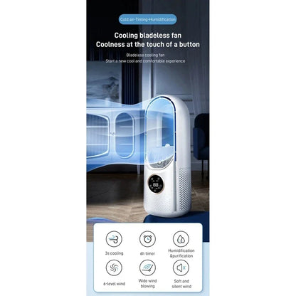 Bladeless Portable Air Cooler Fan – USB Powered, 6 Speeds, Quiet Timer, Humidifier for Personal Cooling