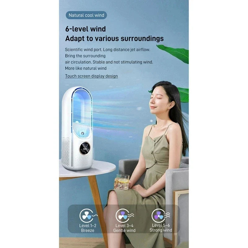 Bladeless Portable Air Cooler Fan – USB Powered, 6 Speeds, Quiet Timer, Humidifier for Personal Cooling