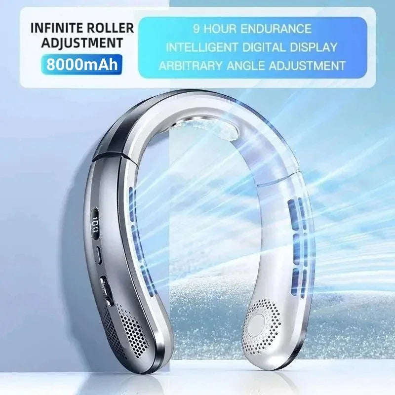 TroveGoods AirHalort portable neck fan worn around the neck, hands-free personal cooling device with adjustable airflow.