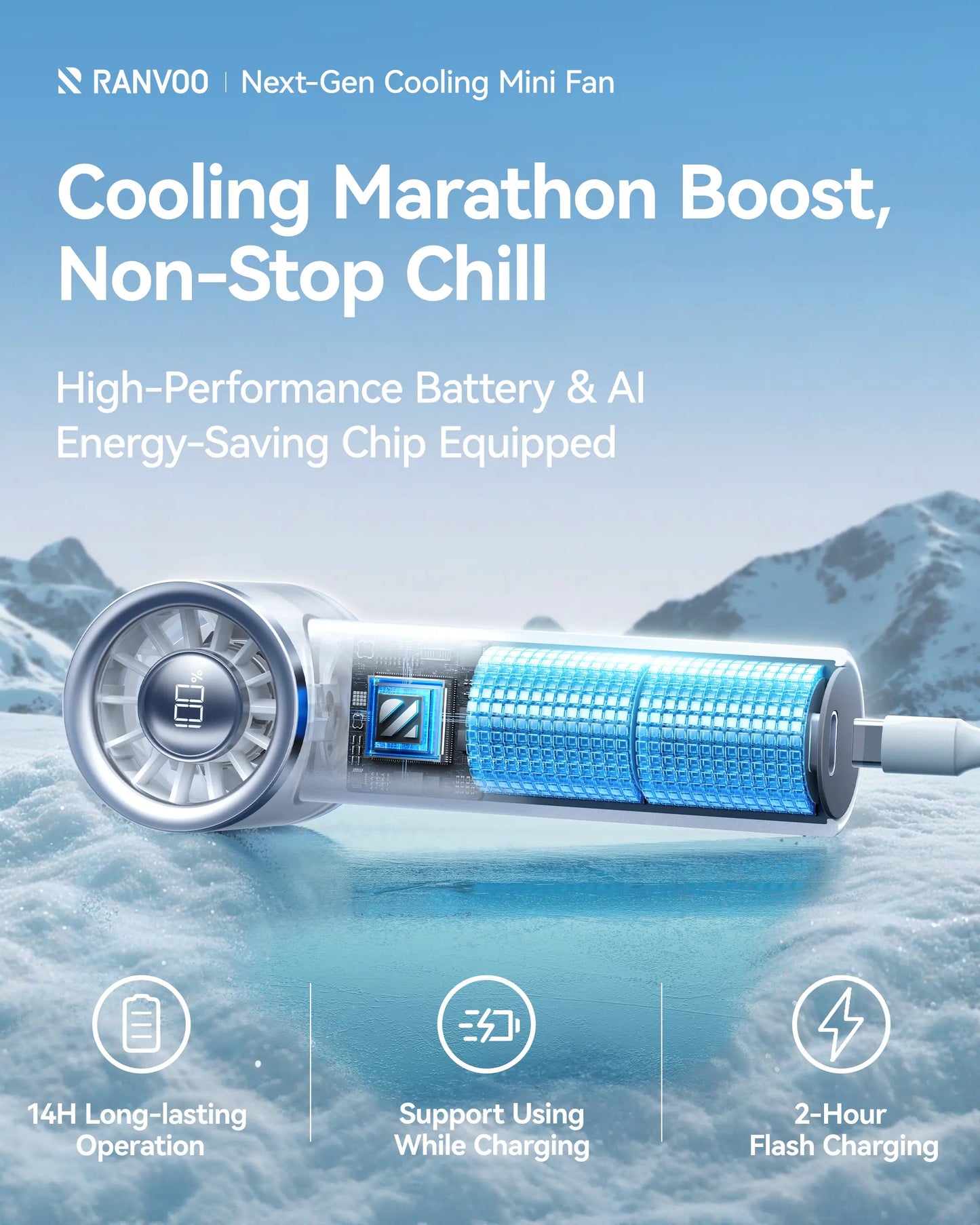 RANVOO 2026 Mini Turbo Handheld Fan – 100-Speed Cooling with Rechargeable LED Display, Portable for Outdoor Travel, Stylish Pearly White – Ideal Gift for Women & Men